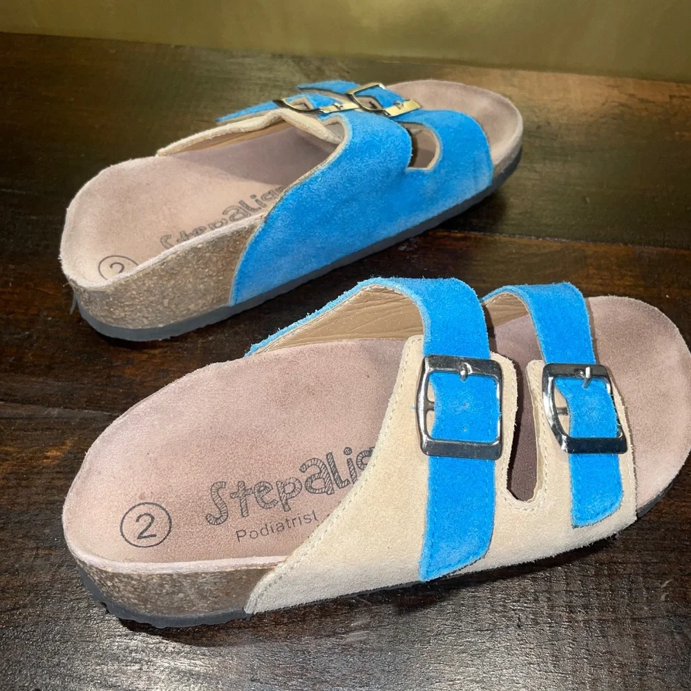 Kids Step Align Podiatrist design Orthopedic Slip On Buckle‎ Tan blue Sandals 2
